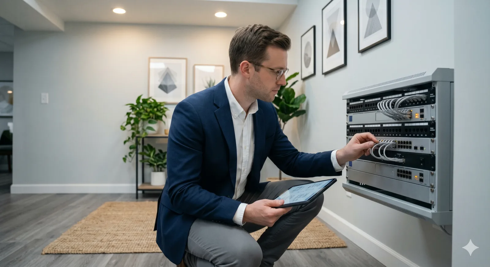 Inżynier Munero Systems konfigurujący szafę sieciową w obiekcie komercyjnym