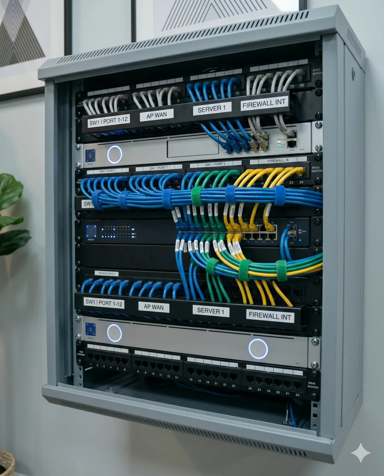 Wdrożenie sieci UniFi — uporządkowana szafa sieciowa po instalacji